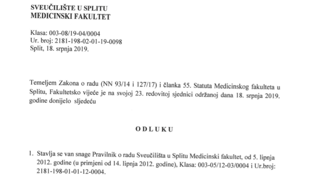 Odluka o stavljanju van snage Pravilnika o radu Medicinskog fakulteta u Splitu